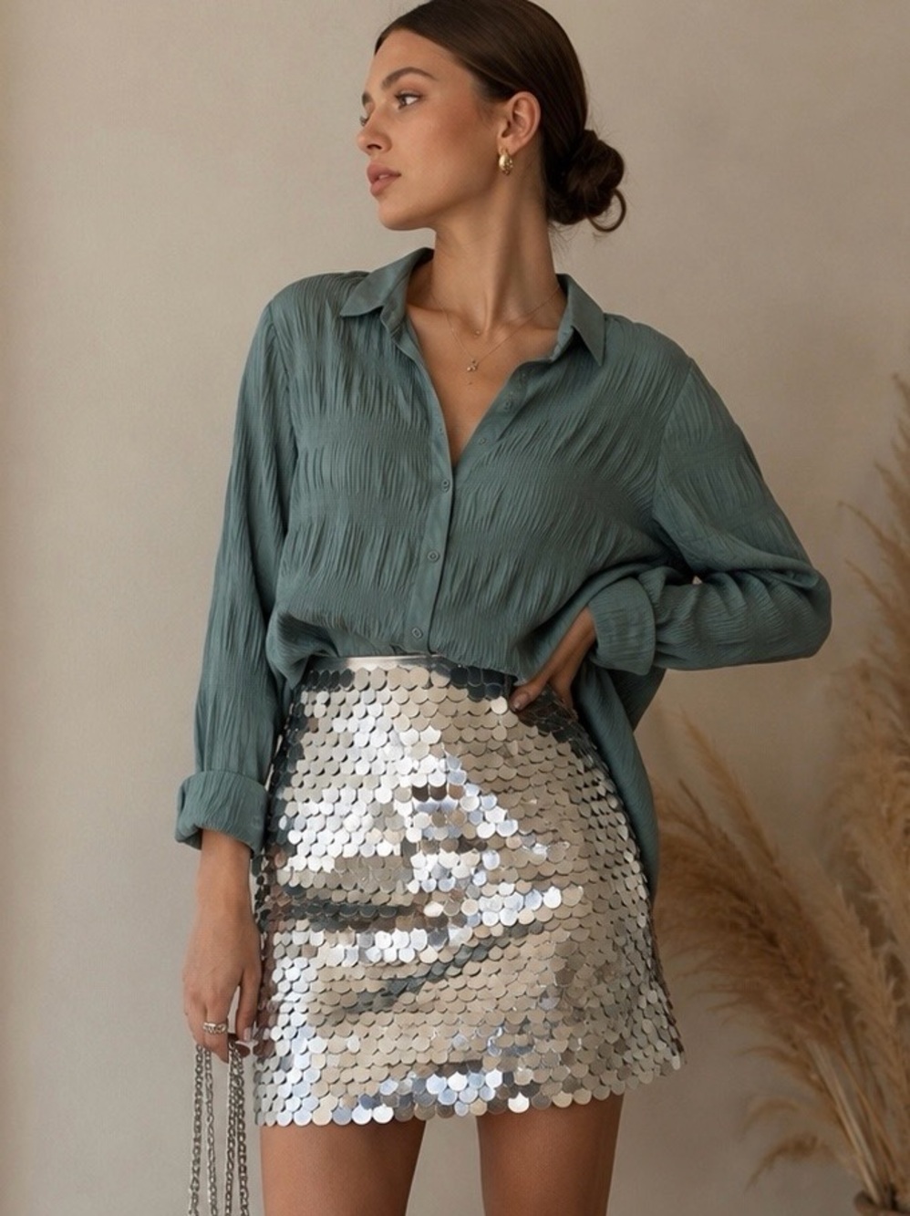 Women's Crinkle Sage Button-Up Blouse